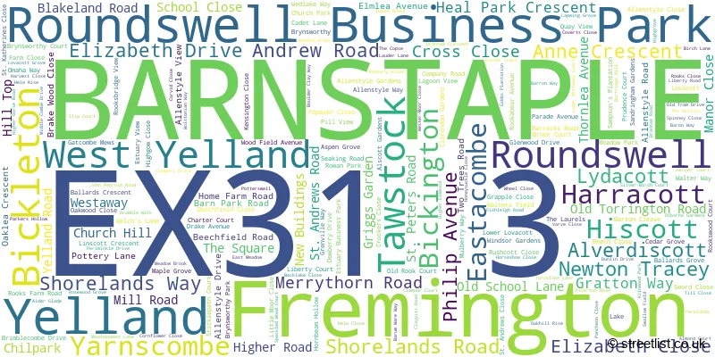 A word cloud for the EX31 3 postcode
